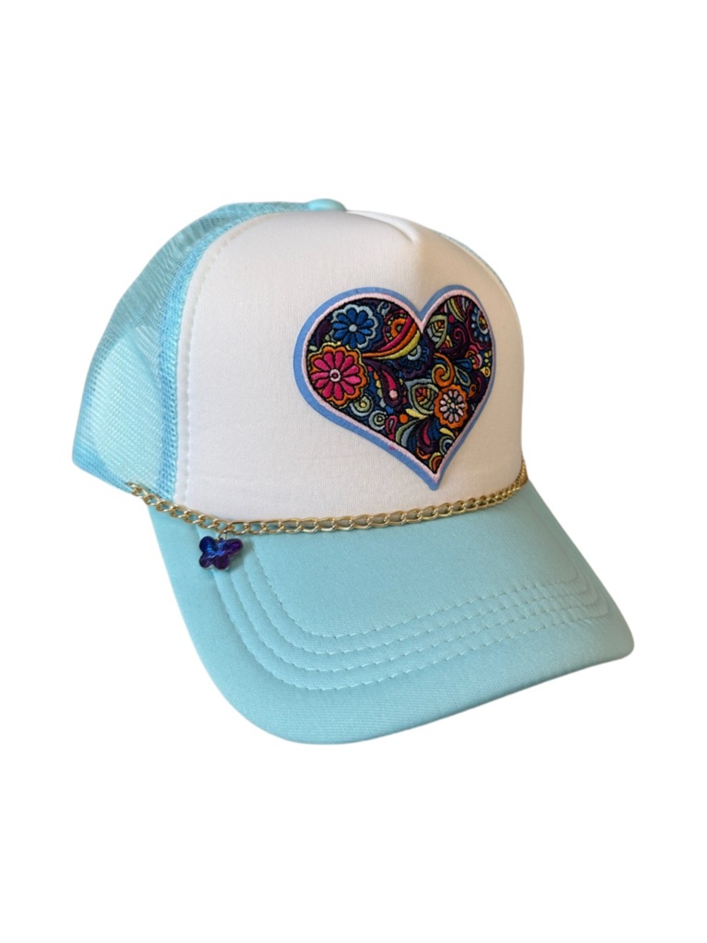 Light Blue & White Heart Patch Trucker Hat